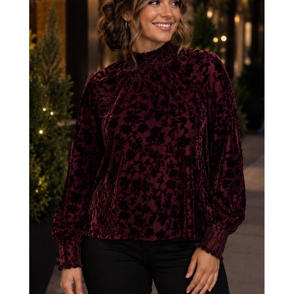 Maurices Womens Blouse Burgundy Large Velvet Whimsigoth Holiday Romantic Pary